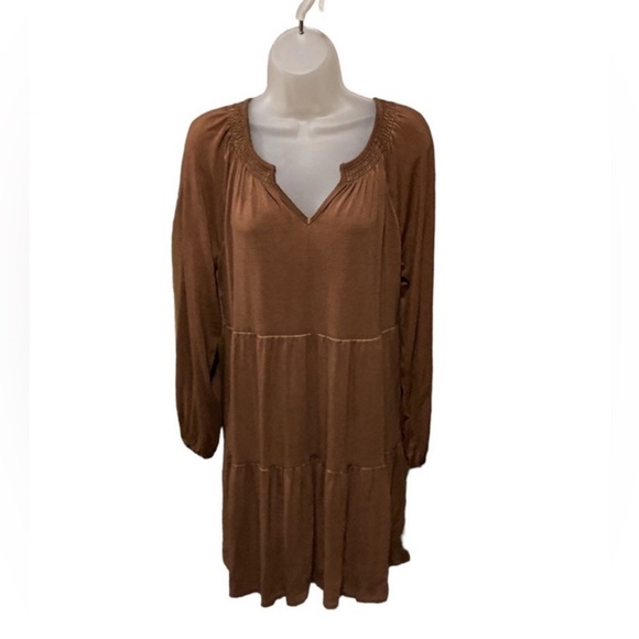 Wonderly Tiered Dress Size Small Brown Long Sleeve Washed Look Excellent - Picture 2 of 3